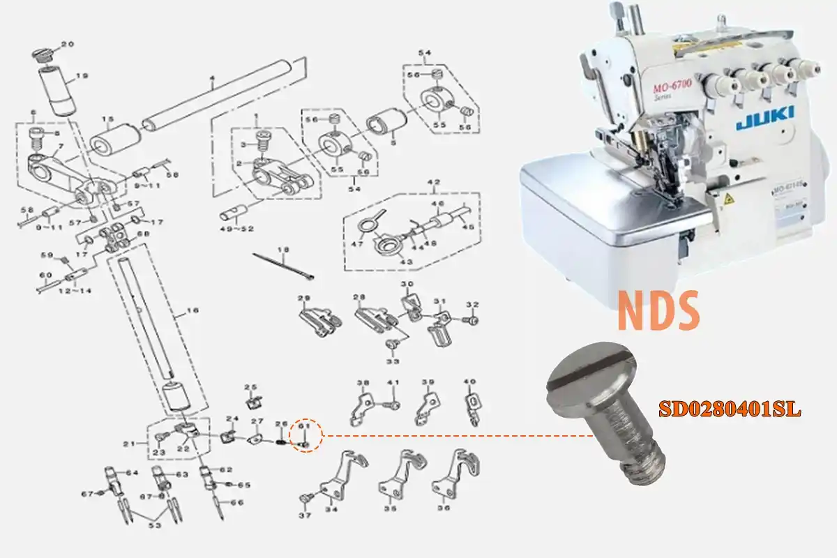 Ví trị gắn ốc 2 tầng kẹp chỉ của máy vắt sổ Juki Mo